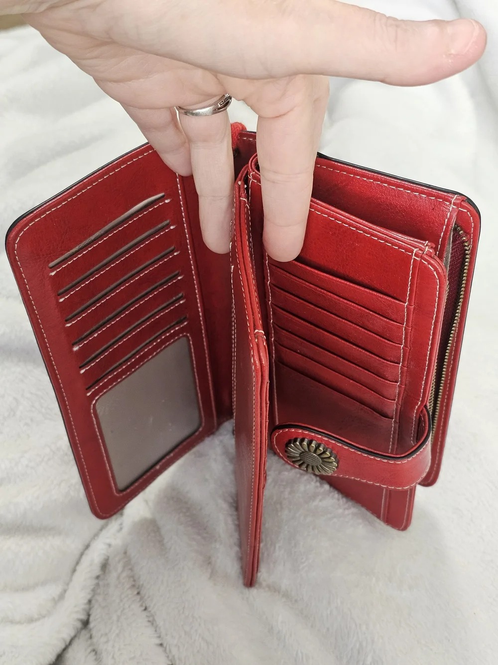 SENDEFN Red Genuine Leather RFID Wristlet Wallet Sunflower Snap